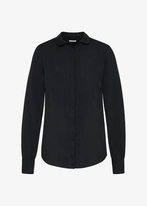 Schwarzes Langarmshirt mit kragenförmigem Ausschnitt, gerader Schnitt, vorderer Knopfverschluss und glatter Textur. Keine Muster oder Verzierungen sichtbar.