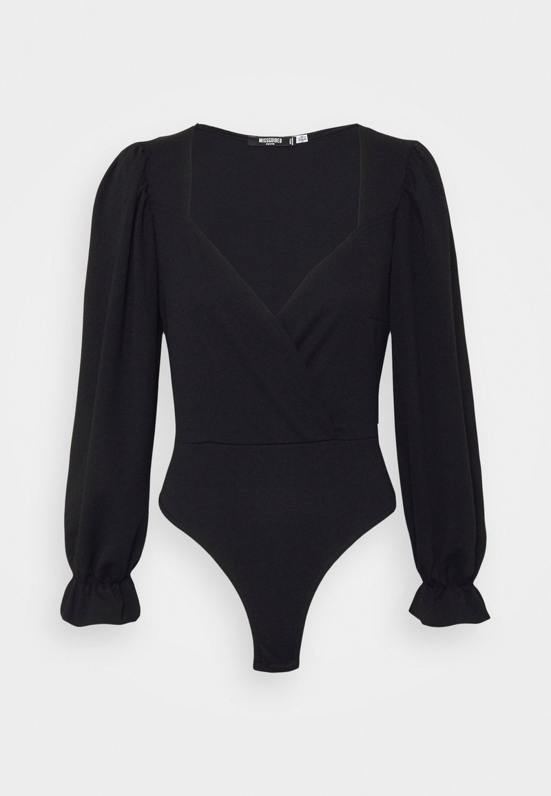 Body noir avec un décolleté en V profond, des manches longues bouffantes et une partie inférieure ajustée avec une taille haute. Tissu doux avec des coutures minimales.