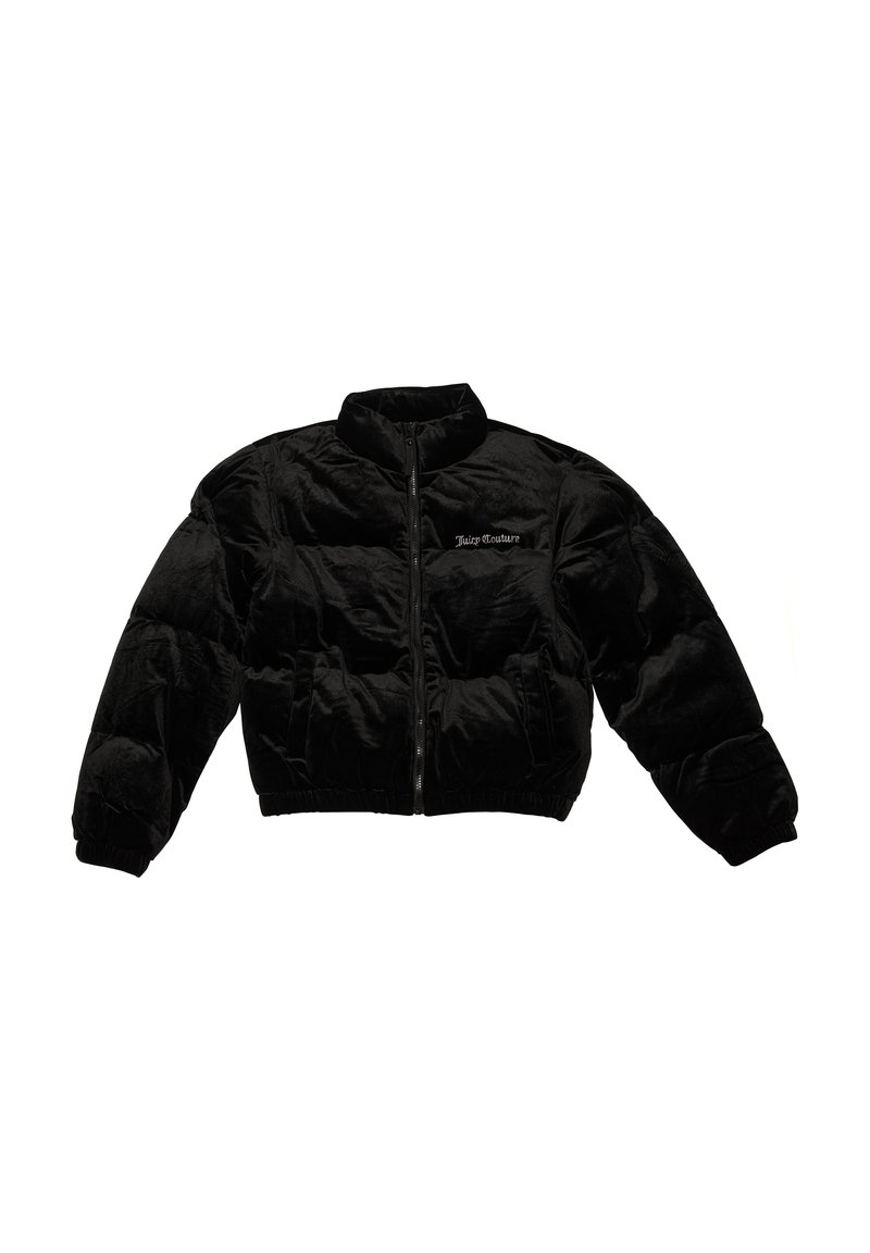 Giacca puffer nera corta con colletto alto, chiusura con zip, polsini elasticizzati e un piccolo logo ricamato sul petto.
