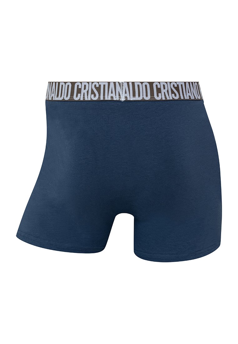 Boxers pour hommes bleu marine avec une large ceinture portant le texte répété "CRISTIANO RONALDO" en blanc.