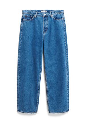 Helle blaue Denim-Jeans mit geradem Bein, im klassischen Fünf-Taschen-Stil und einem Knopfverschluss. Sauberer Abschluss und keine sichtbaren Abnutzungen.