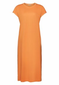 Robe midi orange en tissu doux, avec un col rond et des manches courtes. Design simple avec une coupe droite et des fentes latérales.