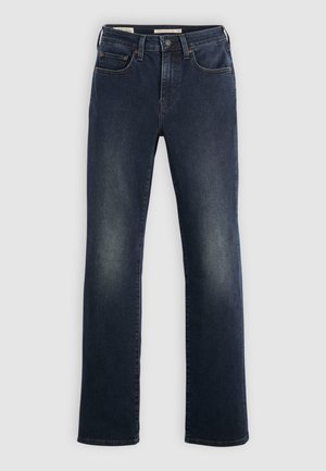 Jeans droits bleu marine avec un léger délavage sur les cuisses, poches avant, passants de ceinture et une taille à fermeture à bouton.