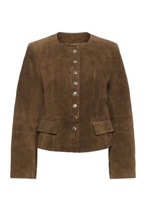 Smeđa jakna od antilopa s dugim rukavima, okruglim izrezom, srebrnim kopčama sprijeda i dva prednja džepa s poklopcem.