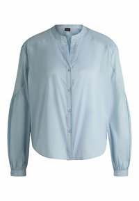 Jasnoniebieska bluzka z długim rękawem, z stójką, z przodem na guziki i marszczonymi rękawami. Wykonana z gładkiego, lekkiego materiału.