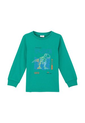 Langarm-T-Shirt in Grün aus Baumwolle, mit einem bunten T-Rex-Graphic und Text auf der Vorderseite. Weicher Stoff mit gerippten Bündchen.