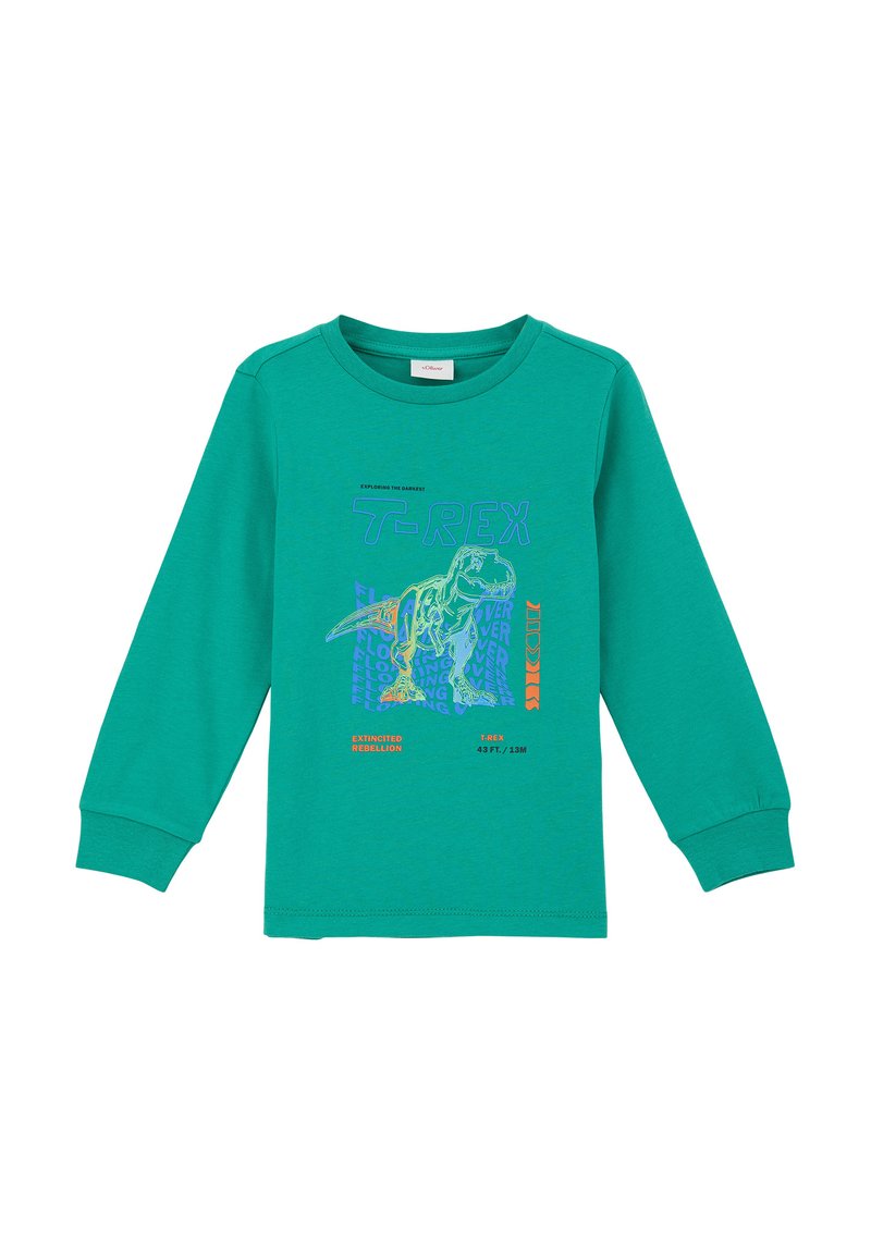 Langarm-T-Shirt in Grün aus Baumwolle, mit einem bunten T-Rex-Graphic und Text auf der Vorderseite. Weicher Stoff mit gerippten Bündchen.