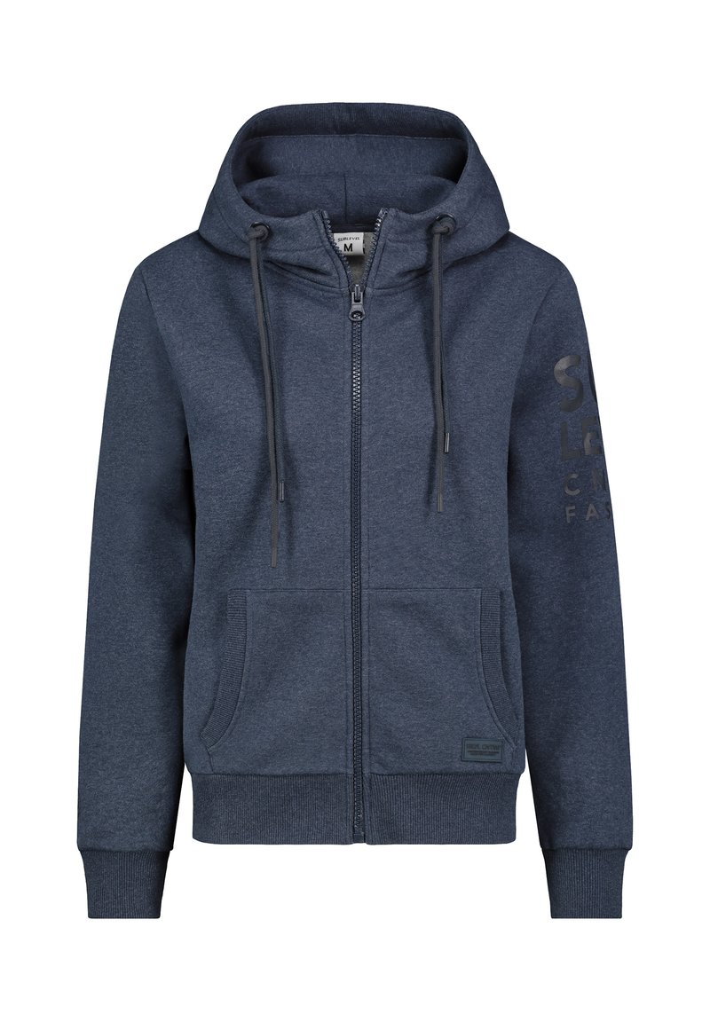 Marineblauwe zip-up hoodie van zachte stof, met een rits aan de voorkant, een verstelbare capuchon met trekkoord en twee voorzakken.