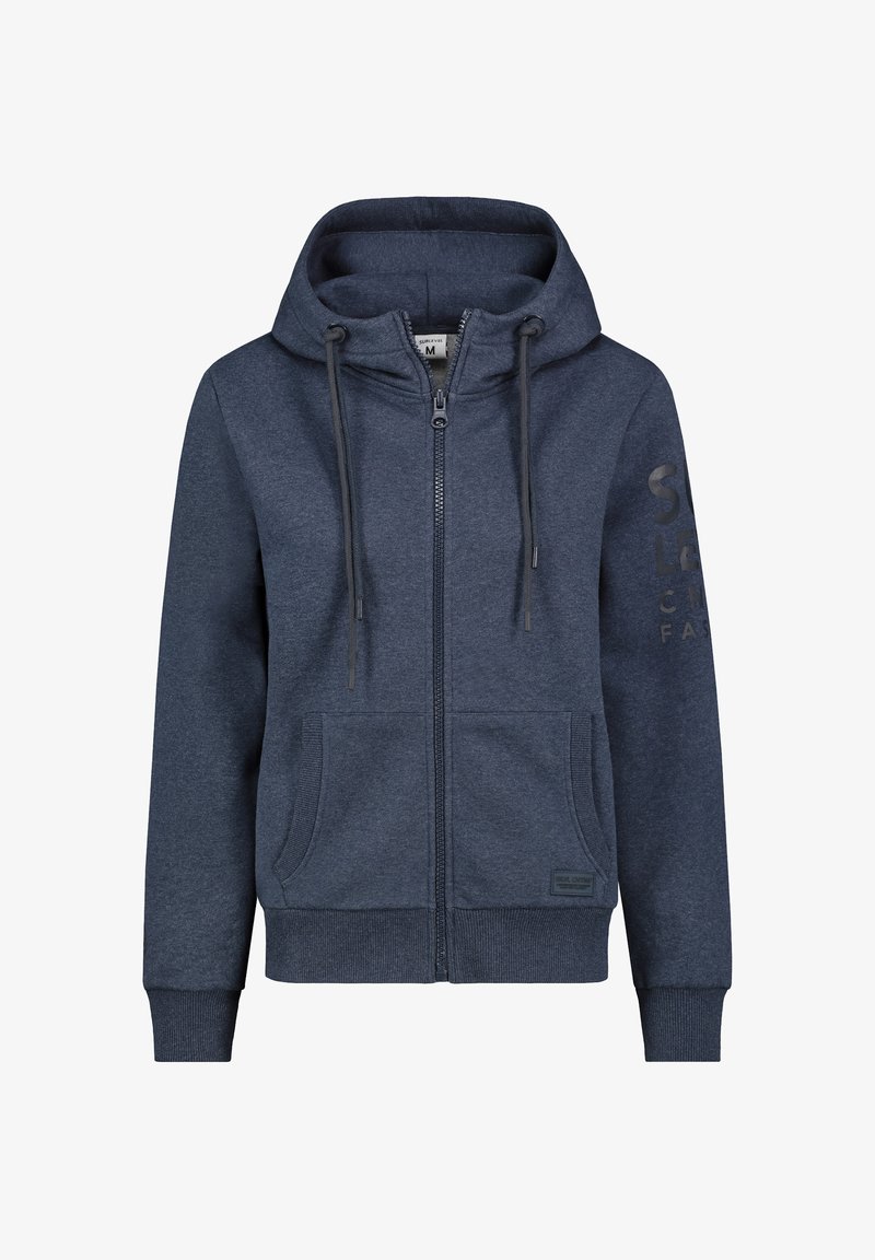 Marinefarbener Reißverschluss-Hoodie aus weichem Stoff, mit einem Frontreißverschluss, verstellbarem Kordelzug und zwei vorderen Taschen.