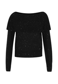 Schwarzer schulterfreier Pullover mit langen Ärmeln, gerippter Textur und verstreuten silbernen Flecken. Verkürzte Länge und weit ausgeschnittener Hals.