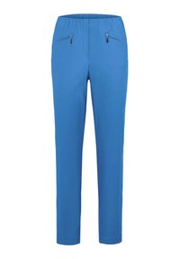 Pantalons stretch bleus avec une texture lisse, taille élastique et deux poches avant zippées. Conception ajustée, jambe droite.