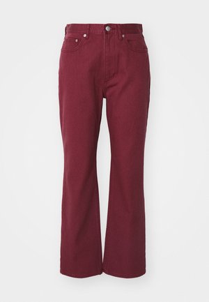 Burgunderfargede vid jeans laget av denim, med frontknapplukking, beltehemper og to frontlommer. Glatt tekstur med minimal søm.