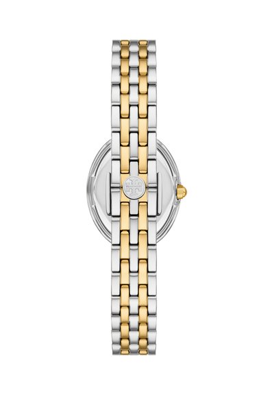 Bracelet de montre en métal bicolore argent et or avec un cadran rond visible de dos, montrant une boucle siglée et une couronne dorée.