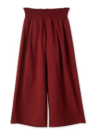 Pantaloni bordeaux a gamba larga, vita alta, con una vita raccolta ed elastica e una vestibilità ampia e fluente.