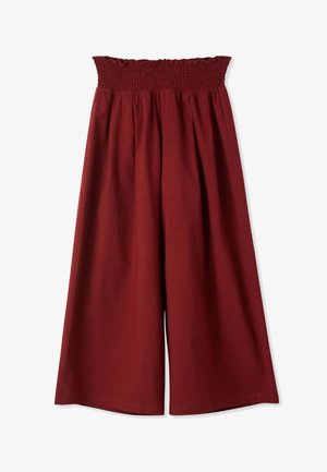 Pantaloni bordeaux a gamba larga, vita alta, con una vita raccolta ed elastica e una vestibilità ampia e fluente.