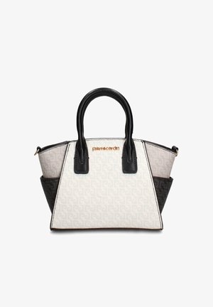 Borsa trapezoidale bianca, beige e nera con manici neri e texture delicatamente decorata, logo del marchio dorato al centro davanti.