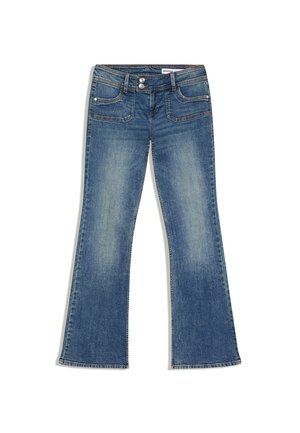 Jeans din denim albastru, tip bootcut, cu închidere cu două nasturi, buzunare frontale și posterioare și detalii de spălare estompată.