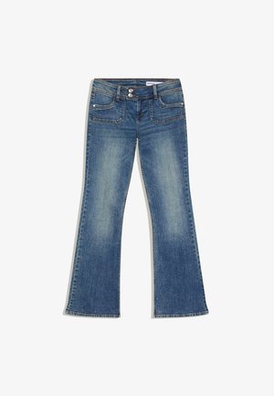 Blauwe denim bootcut jeans met dubbele knoopsluiting, voor- en achterzakken, en vervaagde waseffecten.