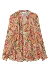 Blouse fleurie à manches longues, devant plissé et fermeture à boutons. Tissu translucide avec un motif floral multicolore.