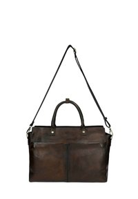 Brązowa skórzana torba z dwoma krótkimi uchwytami i odpinanym długim paskiem. Posiada gładką fakturę, prostokątny kształt i dwie przednie kieszenie.