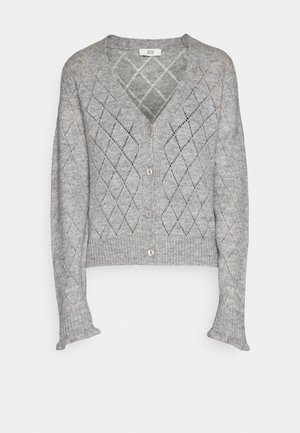 Gray knitted cardigan with a V-neck, diamond pattern, and button closures. Features ribbed cuffs and cropped hem. Soft texture.