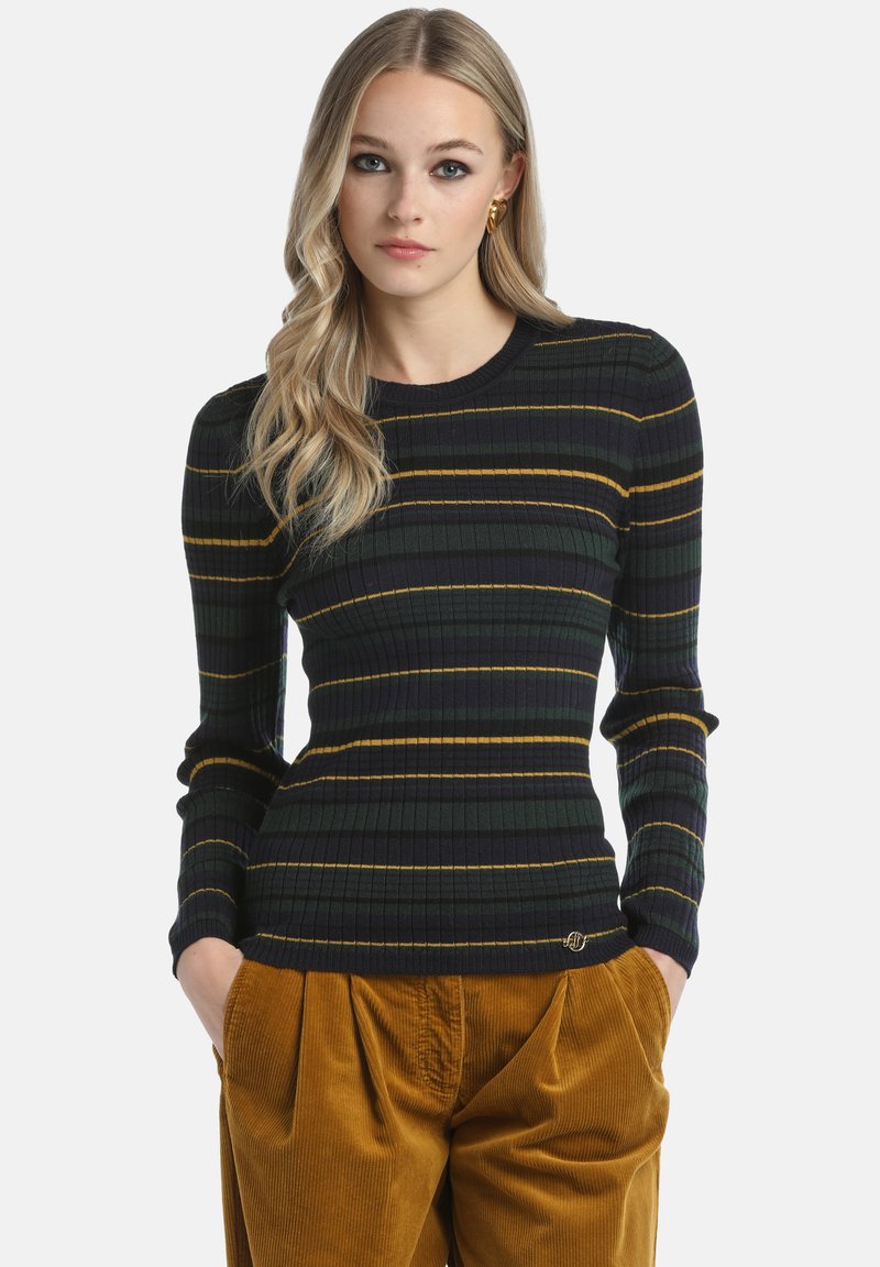 Maglione a coste di colore verde scuro e blu navy con strisce gialle e marroni. Presenta un collo rotondo e maniche lunghe aderenti.