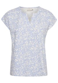 Light blue short-sleeve blouse with white floral print and a notch neckline, made by brand Kaffe.