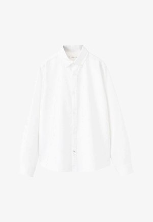 Cămașă albă cu mâneci lungi, guler cu nasturi, nasturi în față și croială dreaptă. Confecționată dintr-un material neted, cu un design simplu.