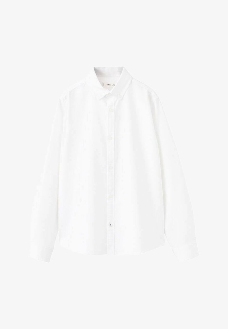 Camicia bianca a maniche lunghe con colletto con bottoni, bottoni frontali e taglio dritto. Realizzata in tessuto liscio, con design semplice.