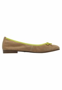 Beige suede ballet flat with a rounded toe, accented by a lime green trim and bow detail at the front. Low profile brown sole.
