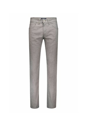 Lichtgrijze slim-fit jeans met knoopsluiting aan de voorkant, ritssluiting, riemlussen en vijfzakkenontwerp, afgebeeld tegen een witte achtergrond.