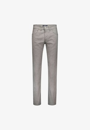 Lichtgrijze slim-fit jeans met knoopsluiting aan de voorkant, ritssluiting, riemlussen en vijfzakkenontwerp, afgebeeld tegen een witte achtergrond.