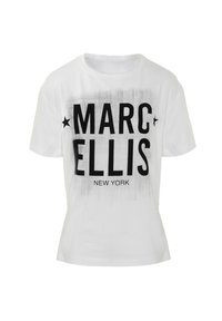 Witte katoenen t-shirt met opvallende zwarte tekst "MARC ELLIS NEW YORK" met een steraccent, en een subtiel grijs geborsteld patroon op de achtergrond.