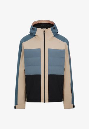 Insulated jacket featuring a hood, zip closure, and color-block design in beige, blue, and black. Textured fabric with padded chest.