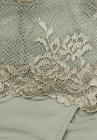 Detalle de lencería de encaje que presenta una tela de color verde claro con intrincados bordados florales en beige y una textura suave.