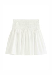 Gonna bianca in cotone con vita arricciata, caratterizzata da un design svasato e volant sovrapposti. Tessuto morbido e leggero.