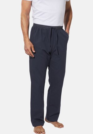 Dunkelblaue Baumwoll-Loungenhosen mit elastischem Bund und Kordelzug, mit lockerem Sitz und ohne sichtbare Taschen.