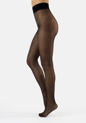Pantys negros opacos con un acabado mate, que cuentan con una cinturilla ancha. La textura es suave y parecen elásticos y ajustados.