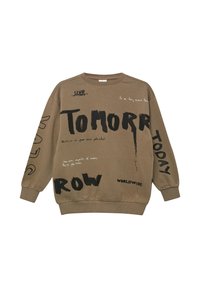 Khaki sweatshirt met zwarte tekst en afbeeldingen. Ronde hals, lange mouwen, geribbelde manchetten en zoom. Tekst bevat "TOMORROW" en "WORLDWIDE."