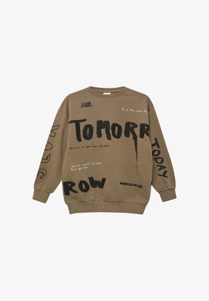 Khakifarbenes Sweatshirt mit schwarzem Text und Grafiken. Rundhalsausschnitt, lange Ärmel, gerippte Bündchen und Saum. Der Text beinhaltet "TOMORROW" und "WORLDWIDE."