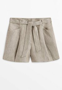Shorts beige in lino a vita alta con tasche davanti e una cintura in tessuto annodata in vita.