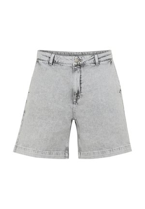 Sive traperice kratke hlače s opuštenim krojem, s kopčanjem na dugme, petljama za remen i suptilnim izbljeđivanjem. Porub je pravilan i nedovršen.