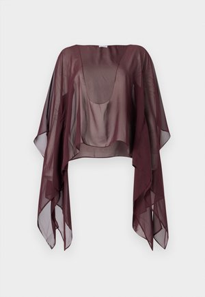 Burgundijas caurspīdīga blūze ar plašiem piedurknēm un apaļu kakla izgriezumu. Viegls, plūstošs audums veido brīvu, slāņainu siluetu. Nav rakstu vai apdares elementu.