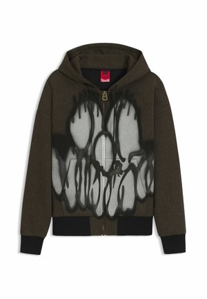 Hættezipped sweatshirt i mørkebrunt stof, med et stort grafitti-lignende print i grå og sort, samt ribbede manchetter og kant.
