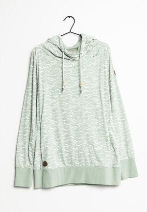 Sweat à capuche vert clair avec motif de vagues blanches, cordons avant avec perles en bois, et poignets et ourlet côtelés sur un cintre noir.