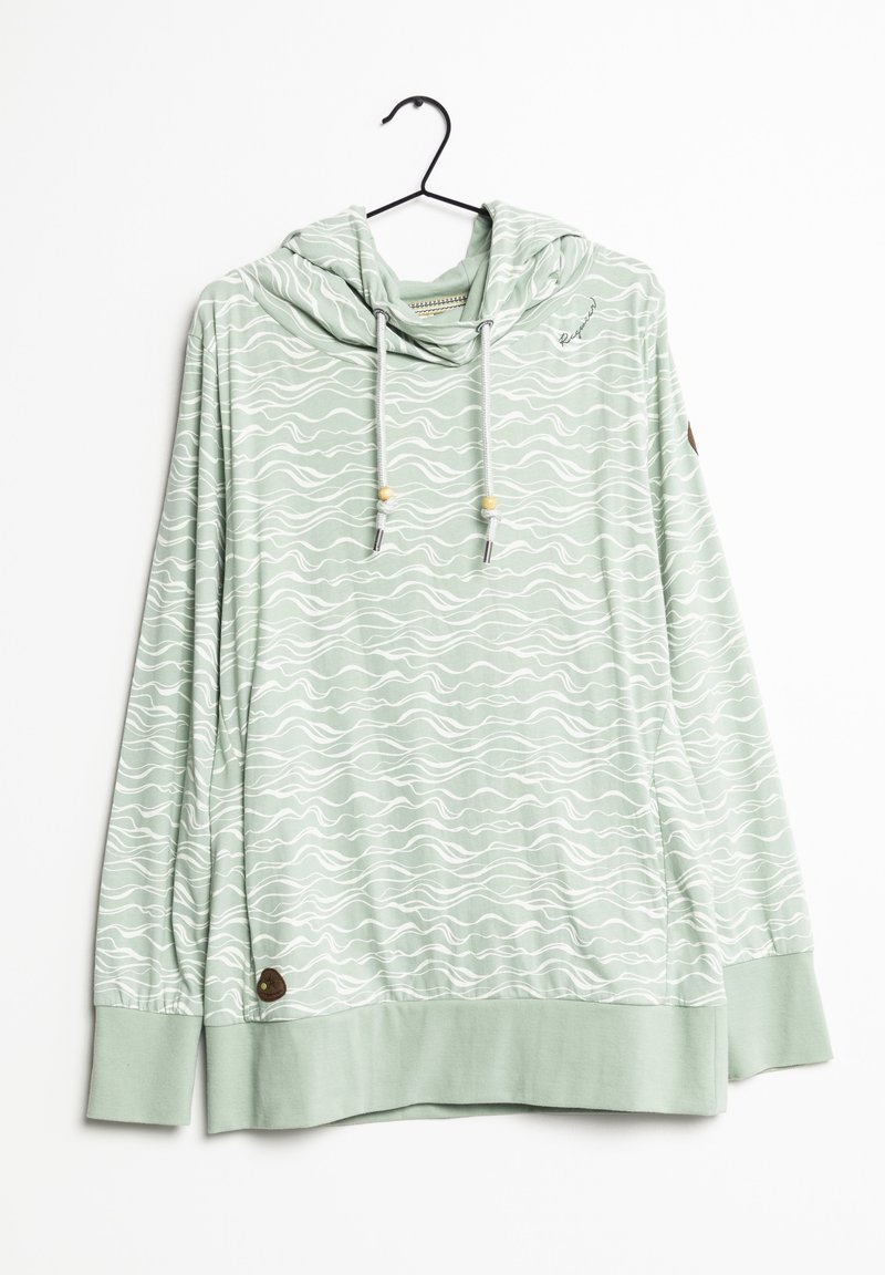 Sweat à capuche vert clair avec motif de vagues blanches, cordons avant avec perles en bois, et poignets et ourlet côtelés sur un cintre noir.