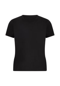 Camiseta negra de manga corta con cuello redondo. Está confeccionada con una tela lisa, tiene un corte ajustado y no presenta patrones ni detalles visibles.