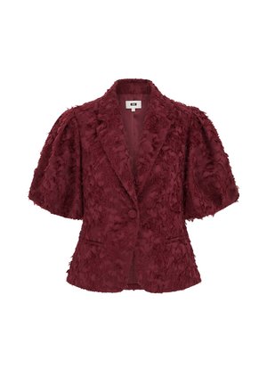 Vīna sarkana teksturēta žakete ar īsām piepūstām piedurknēm, vienu pogu aizdarei, izgrieztām atlokiem un priekšējām ielaidnēm kabatām.