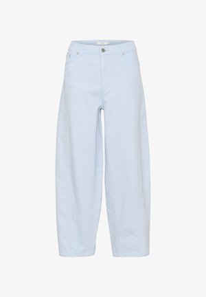 Heledad helesinine laiem tee džinsid, mis on valmistatud denimist ning omavad klassikalist viie tasku disaini, nööbikinnitust ja korralikke üleõmblusi.