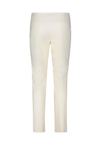 White tailored trousers with a slim fit, featuring a smooth texture, mid-rise waistband, and two back pockets for a minimalist design.